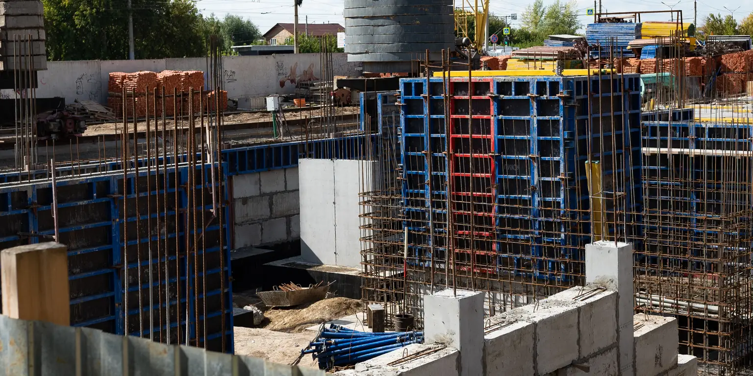 Reinforced concrete frame under construction with formwork in place
