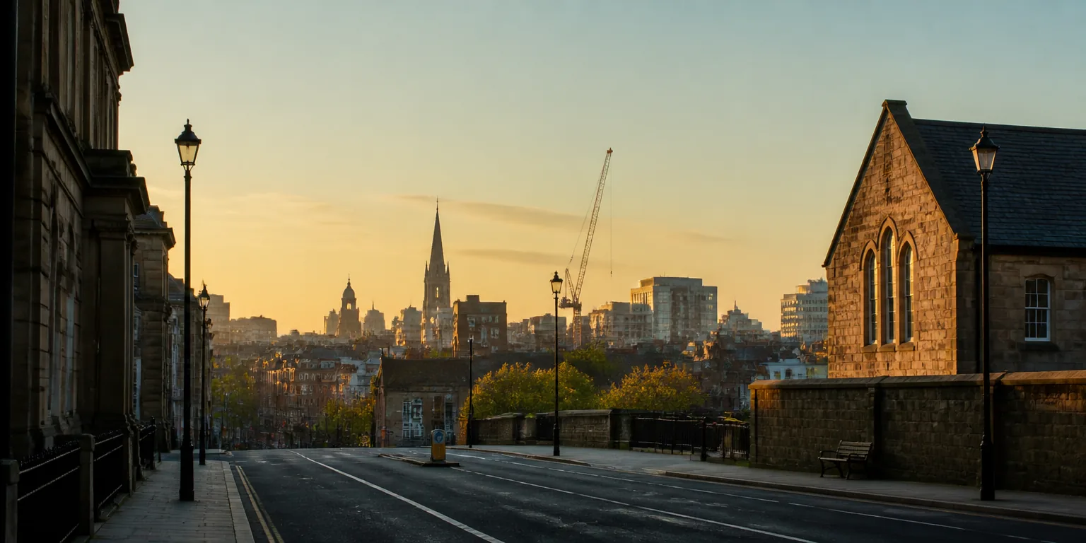 Quiet British street at dawn with construction cranes on the skyline beyond