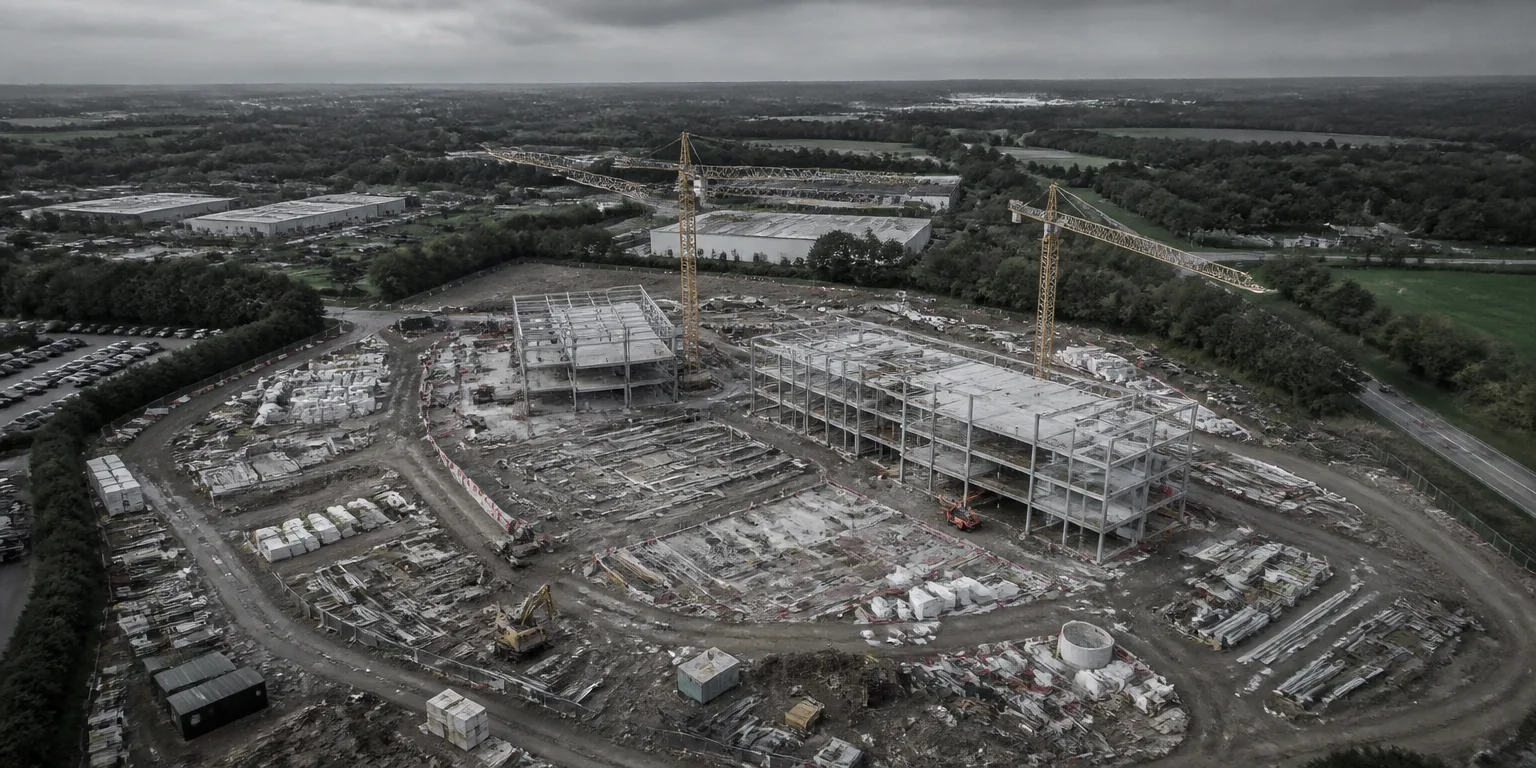 Aerial photograph of a large development site with foundations and steel frames under construction