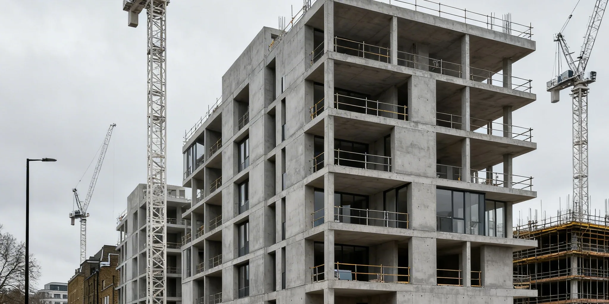 Multi-storey concrete frame under construction, surrounded by tower cranes