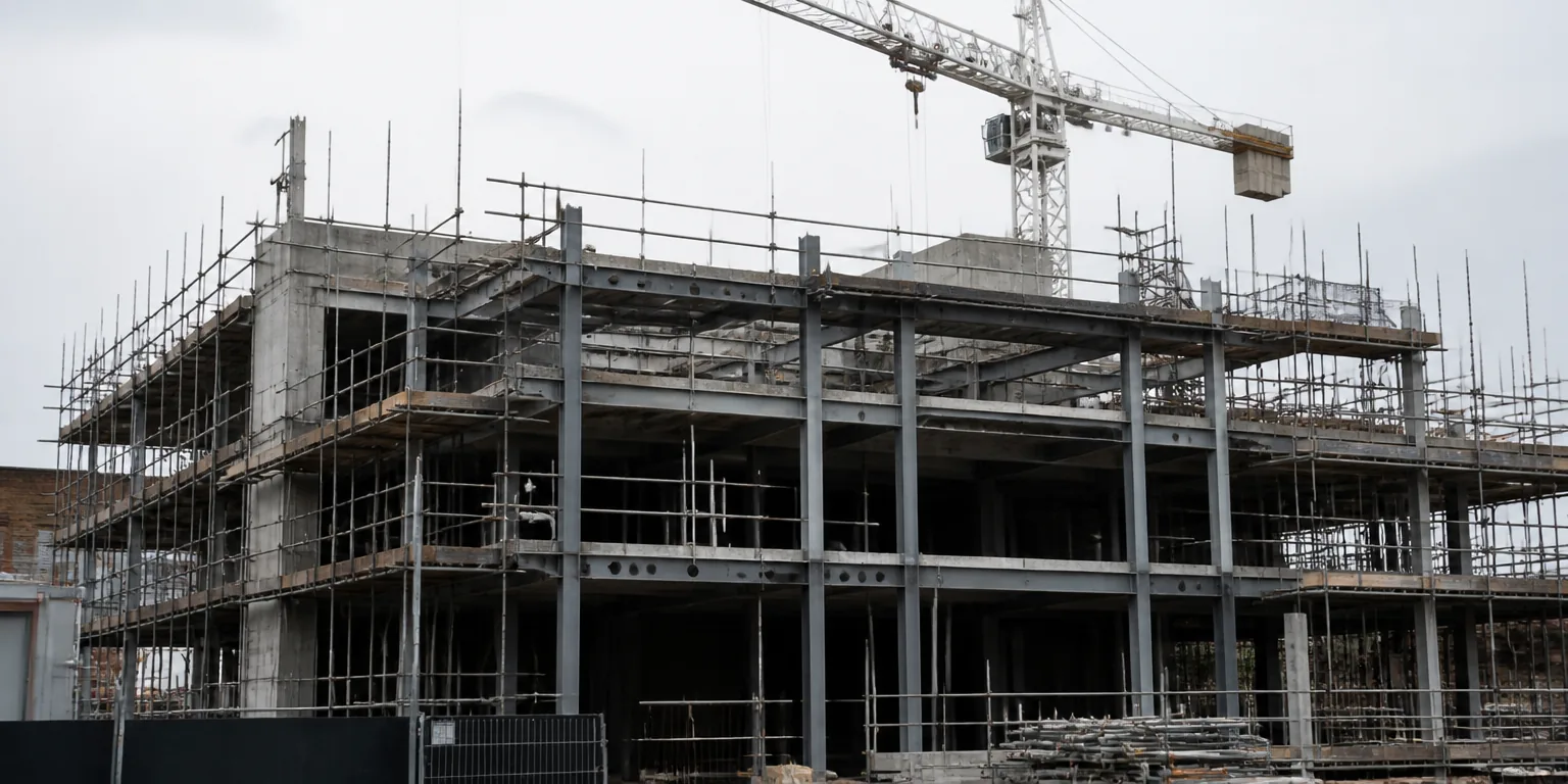 Superstructure of a building under construction with scaffolding and a tower crane