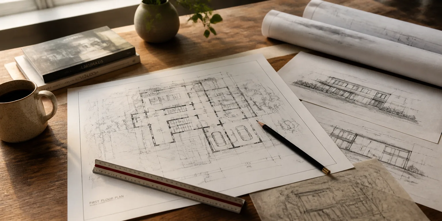 Architectural drawings, a scale rule and a pencil laid out on a desk