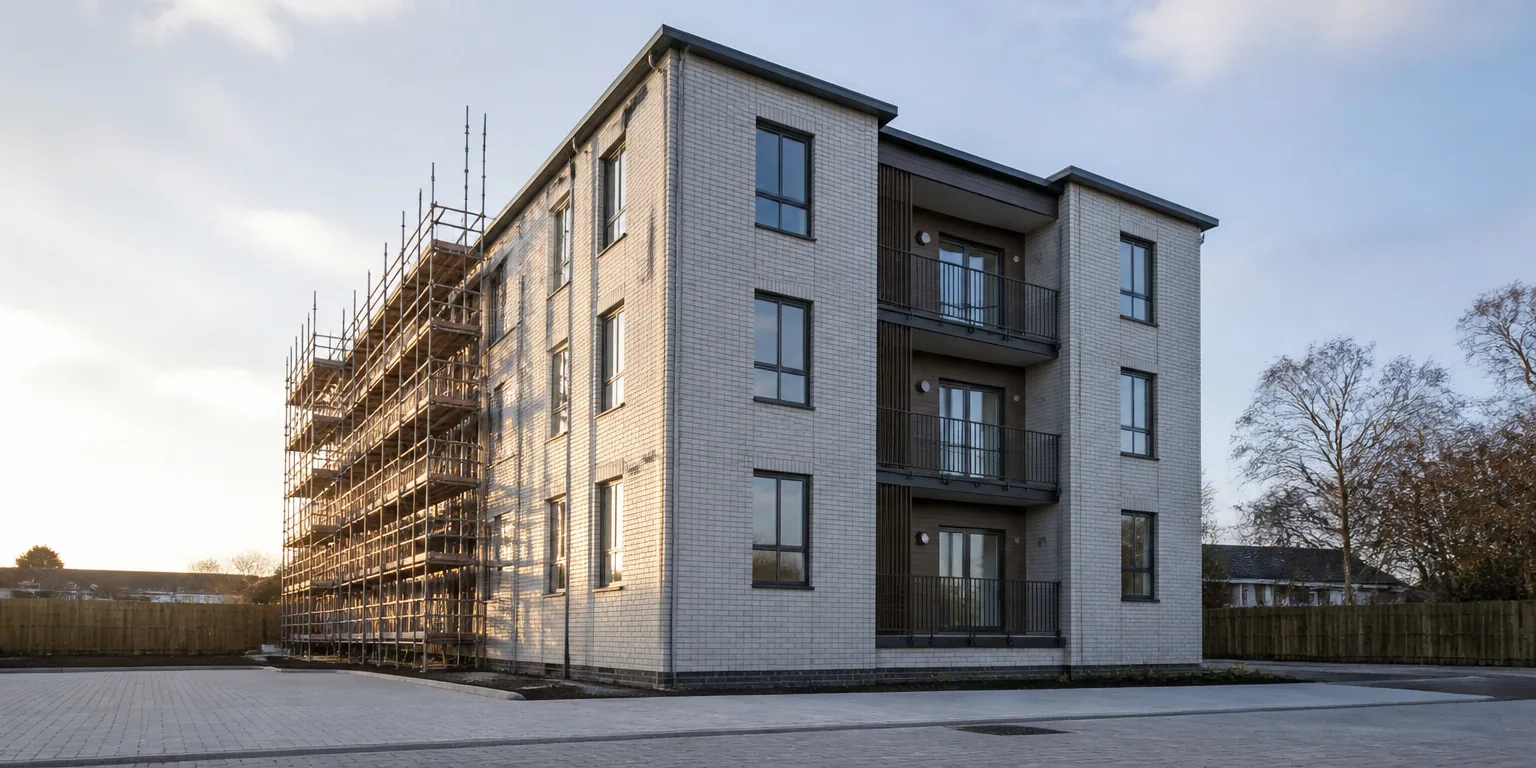 Newly completed residential block with the scaffolding coming down