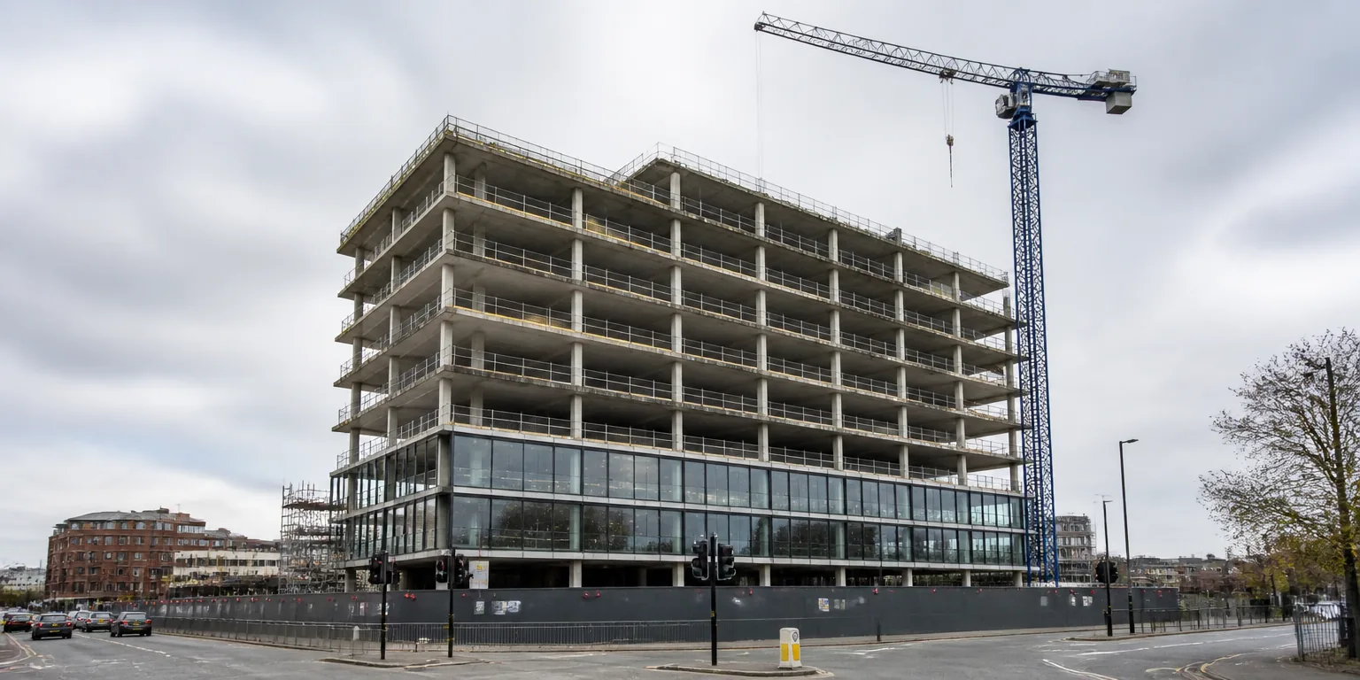 Multi-storey building under construction against a city backdrop