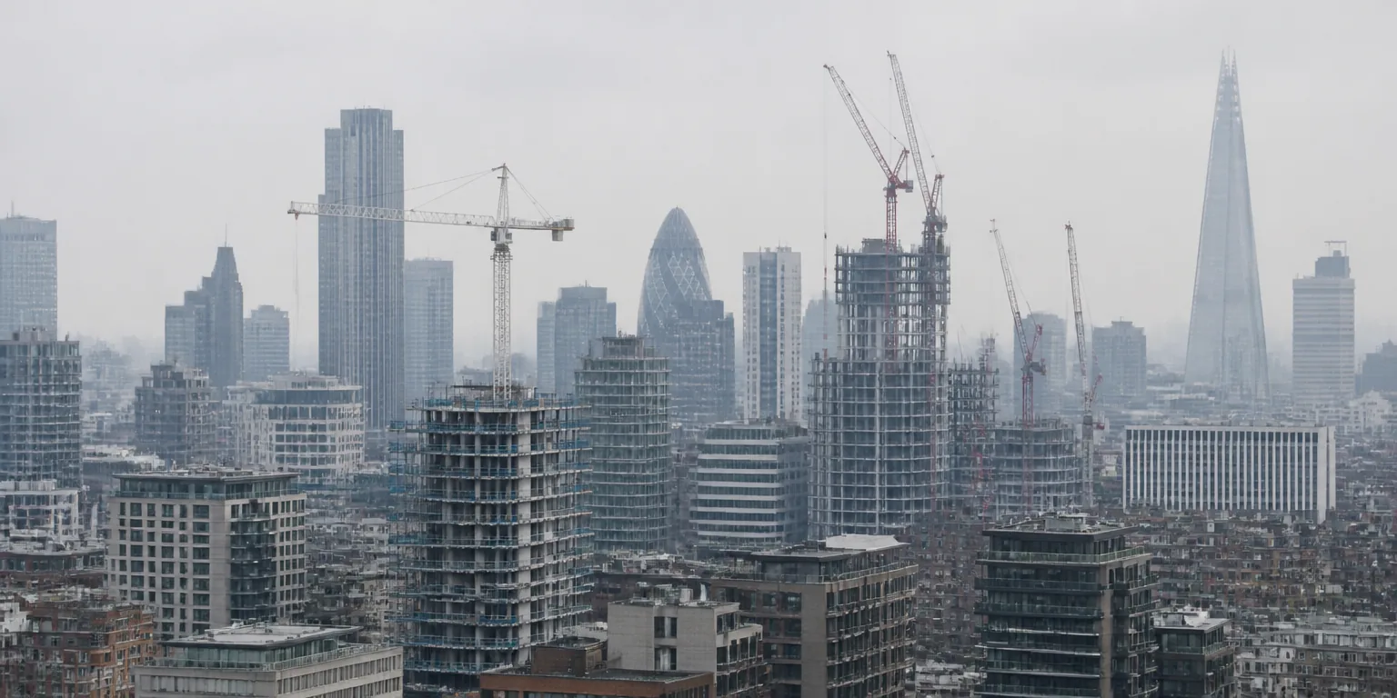 Hazy view across a city skyline with tower cranes on the horizon