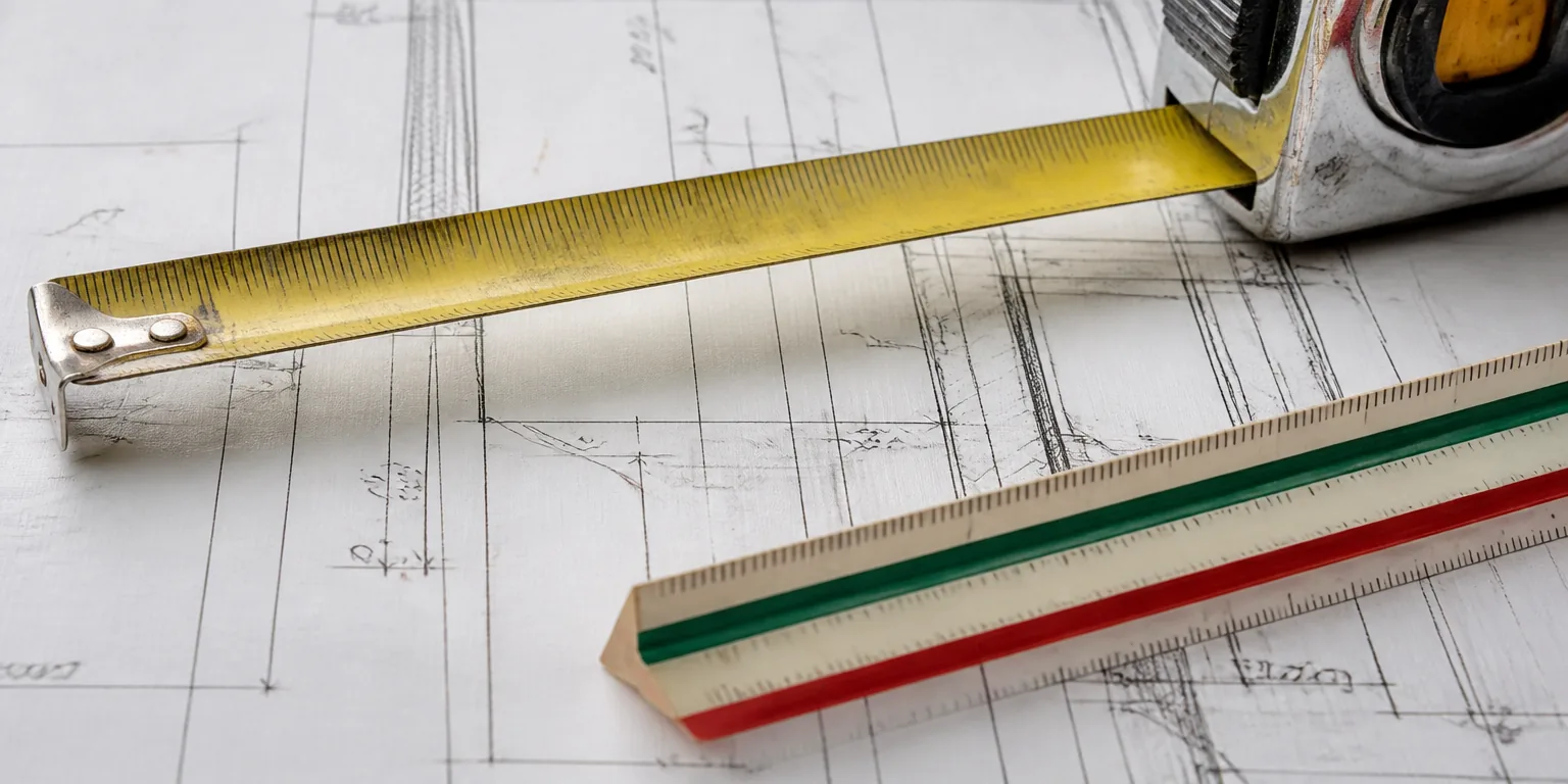 Steel tape measure and scale rules resting on a detailed technical drawing