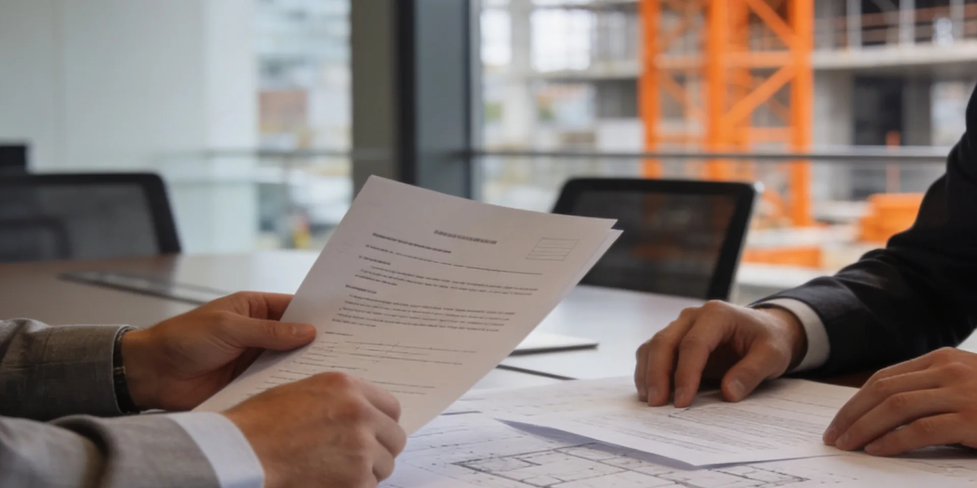 Hands reviewing a construction contract alongside marked up drawings
