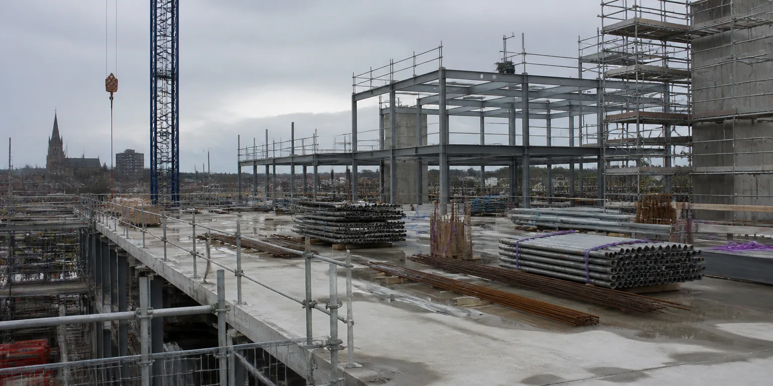 Structural steel and concrete superstructure at an early stage of construction