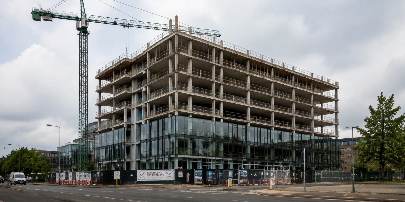 Multi-storey building under construction viewed from street level
