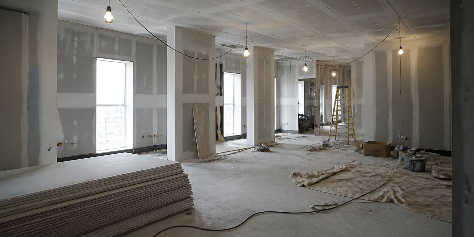 Interior of a building at fit-out stage with stud partitions and stacked boards