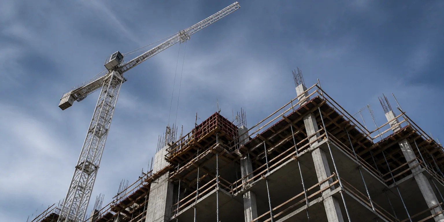 Low angle view of a tower crane above a building under construction