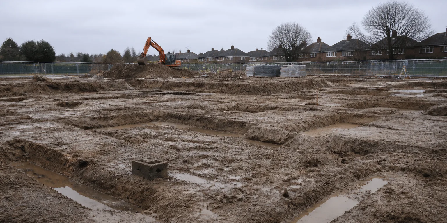 Groundworks stage of a construction site with excavated ground and an excavator