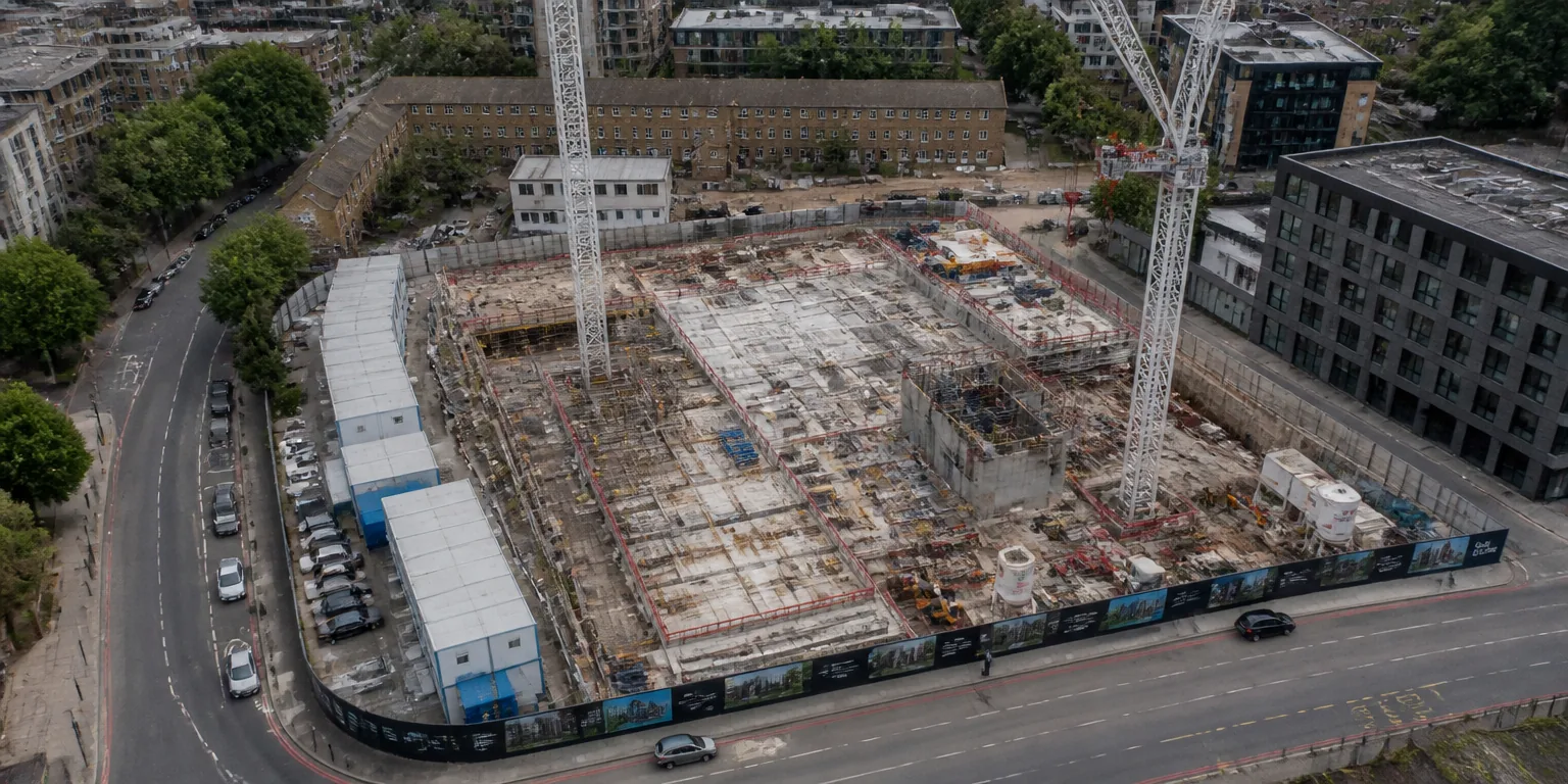 High angle view of an urban construction site with hoarding and tower cranes