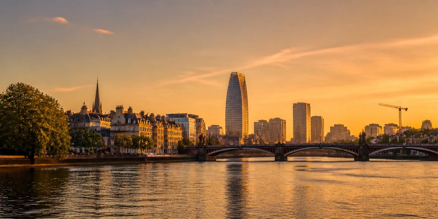 River and city skyline at sunset with a tower crane among the buildings