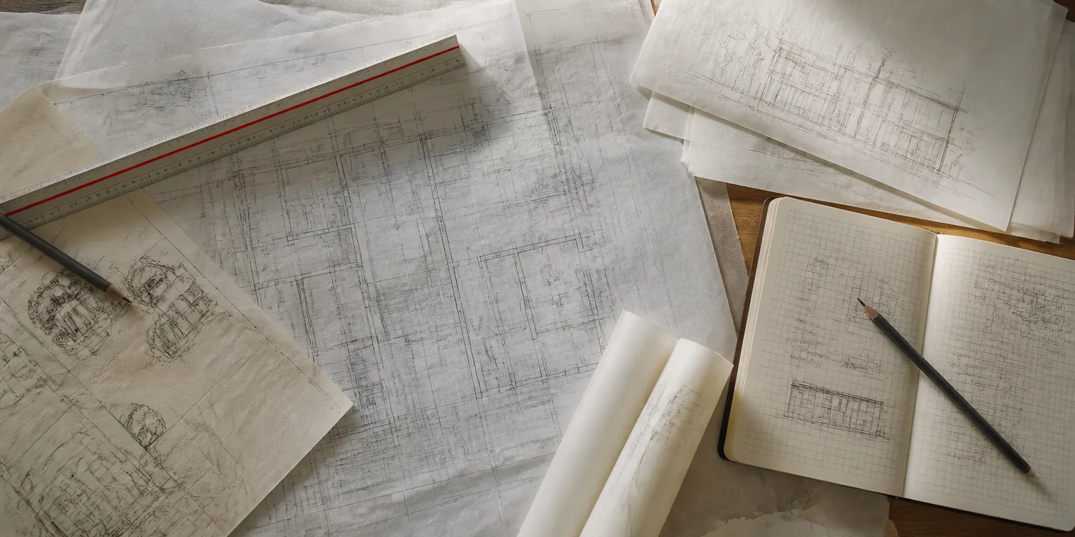 Overhead view of construction drawings, a notebook and a pencil on a desk