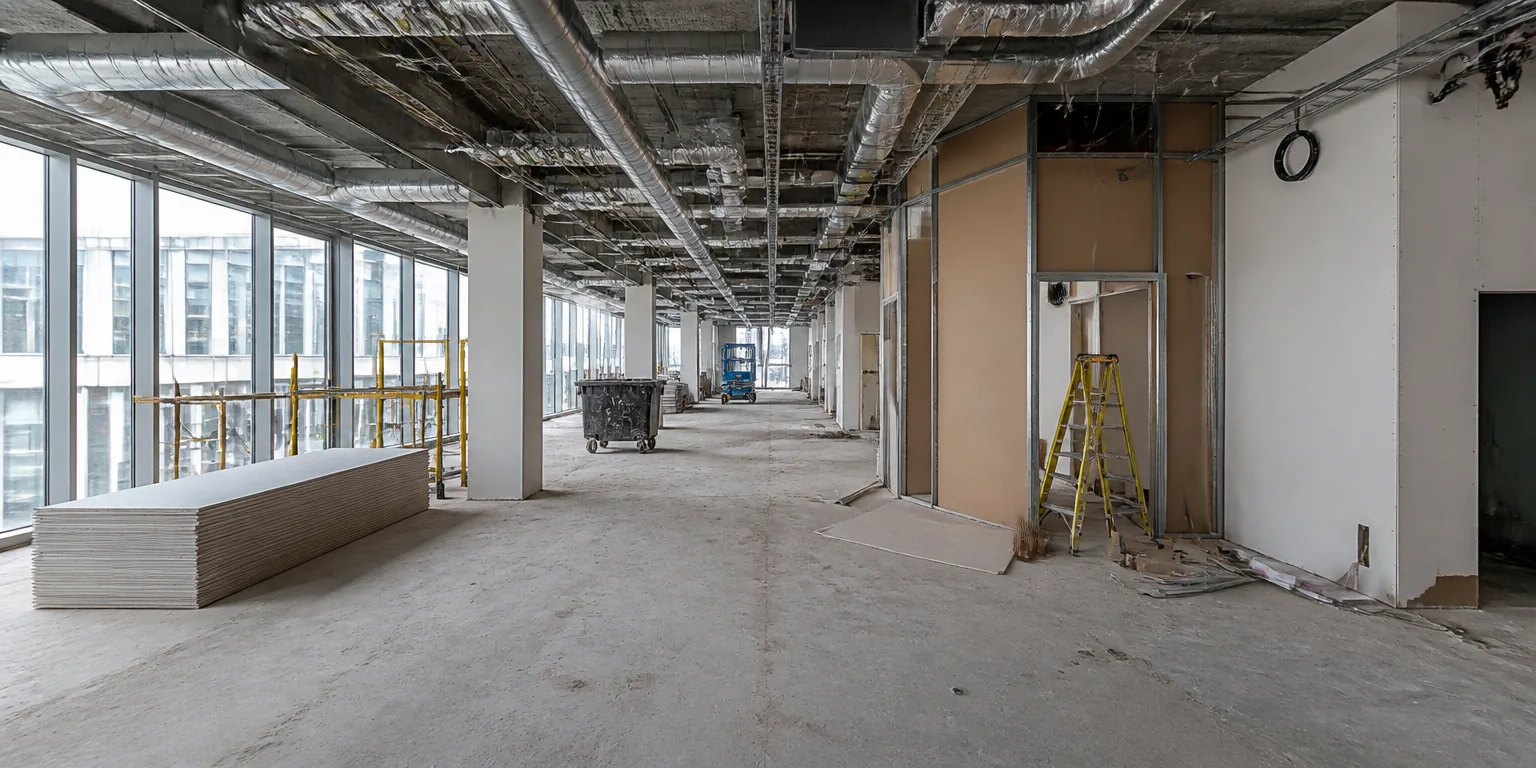 Commercial office floor at fit-out stage with exposed services and stacked plasterboard