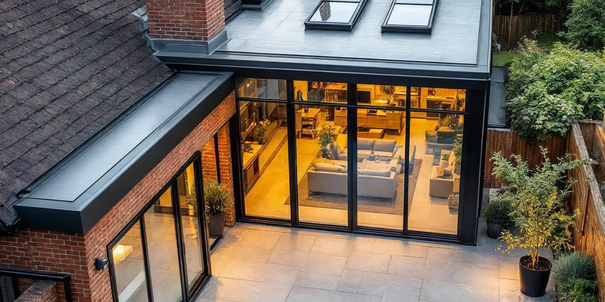 Contemporary rear extension to a period house, lit from within at dusk