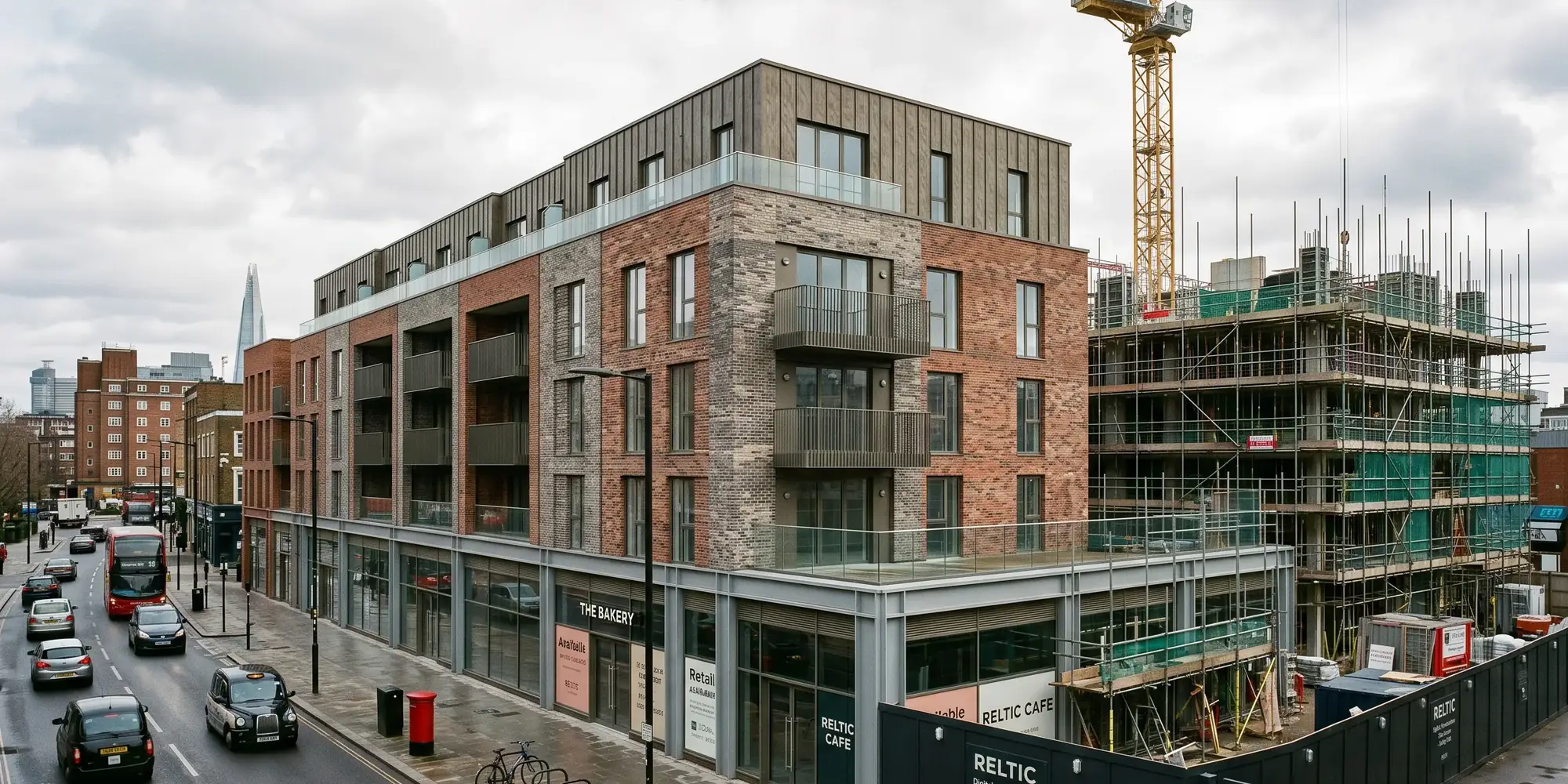 Mixed use development under construction, with retail units at ground floor and apartments above
