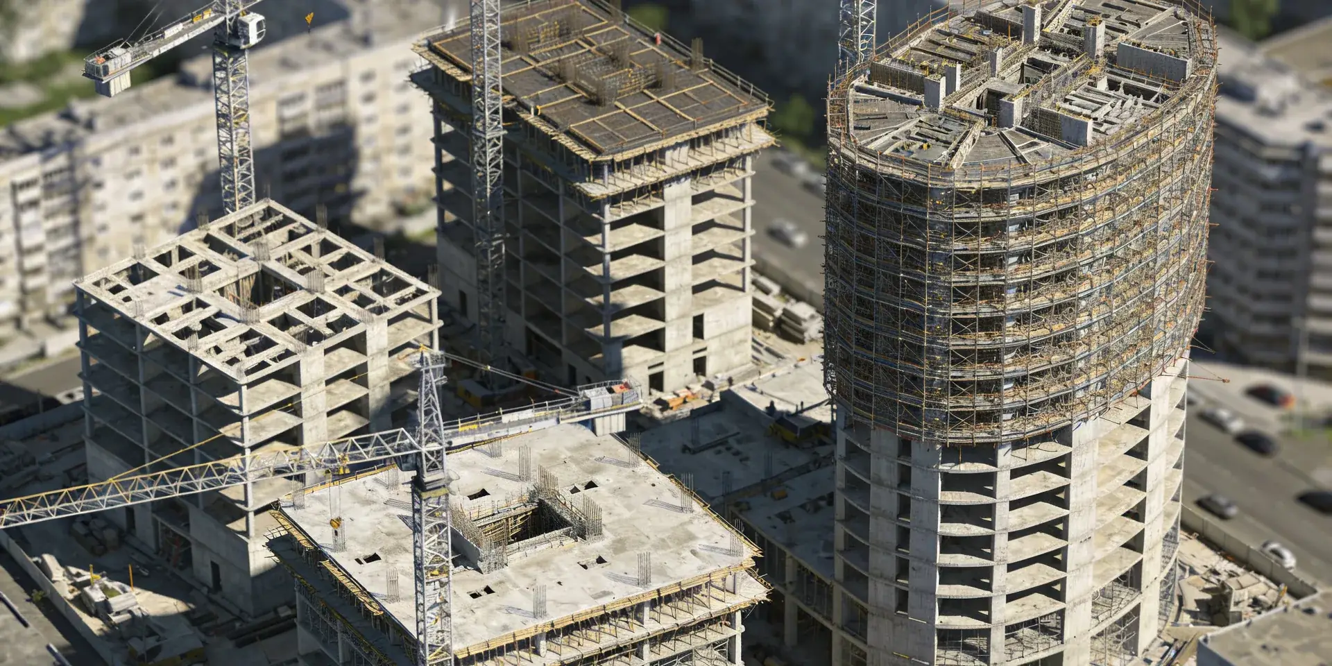 Aerial view of a large phased development with several towers and tower cranes at different stages