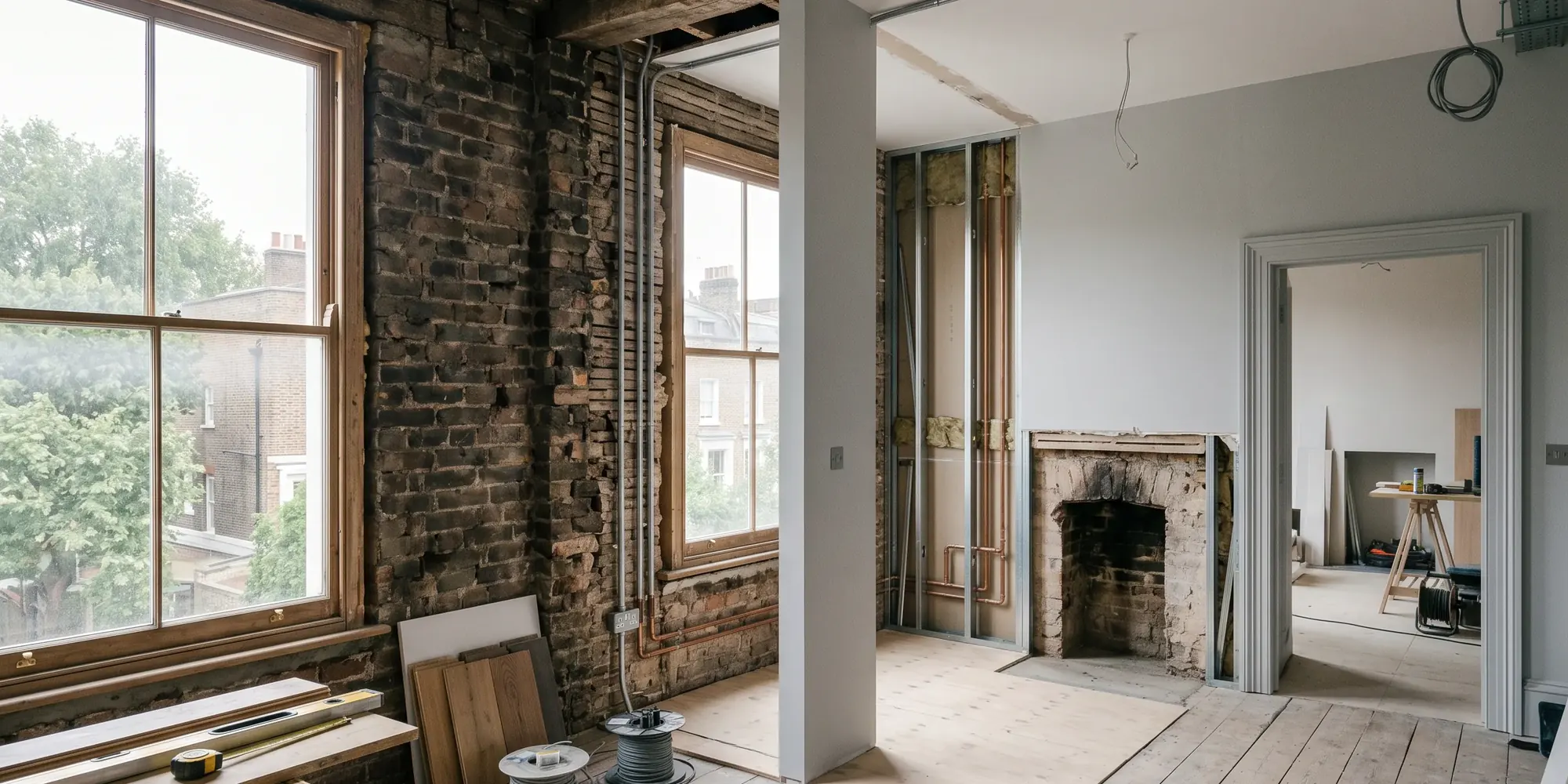 Interior of a period building stripped back to bare brick and exposed joists during refurbishment