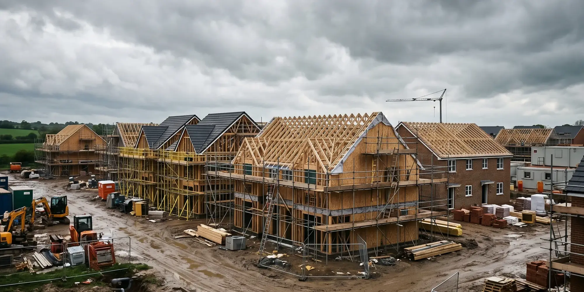Aerial view of a housing development under construction with timber frames erected across the site
