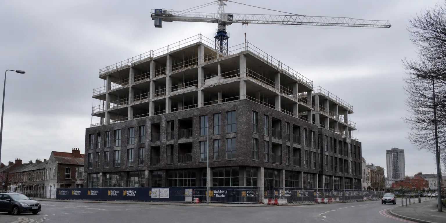 Half built multi-storey building on an urban corner site
