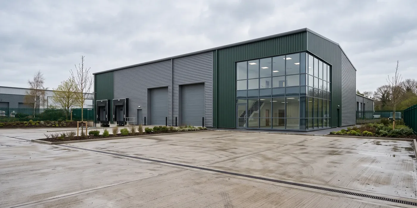 Completed industrial unit in Liverpool with glazed office frontage and loading yard