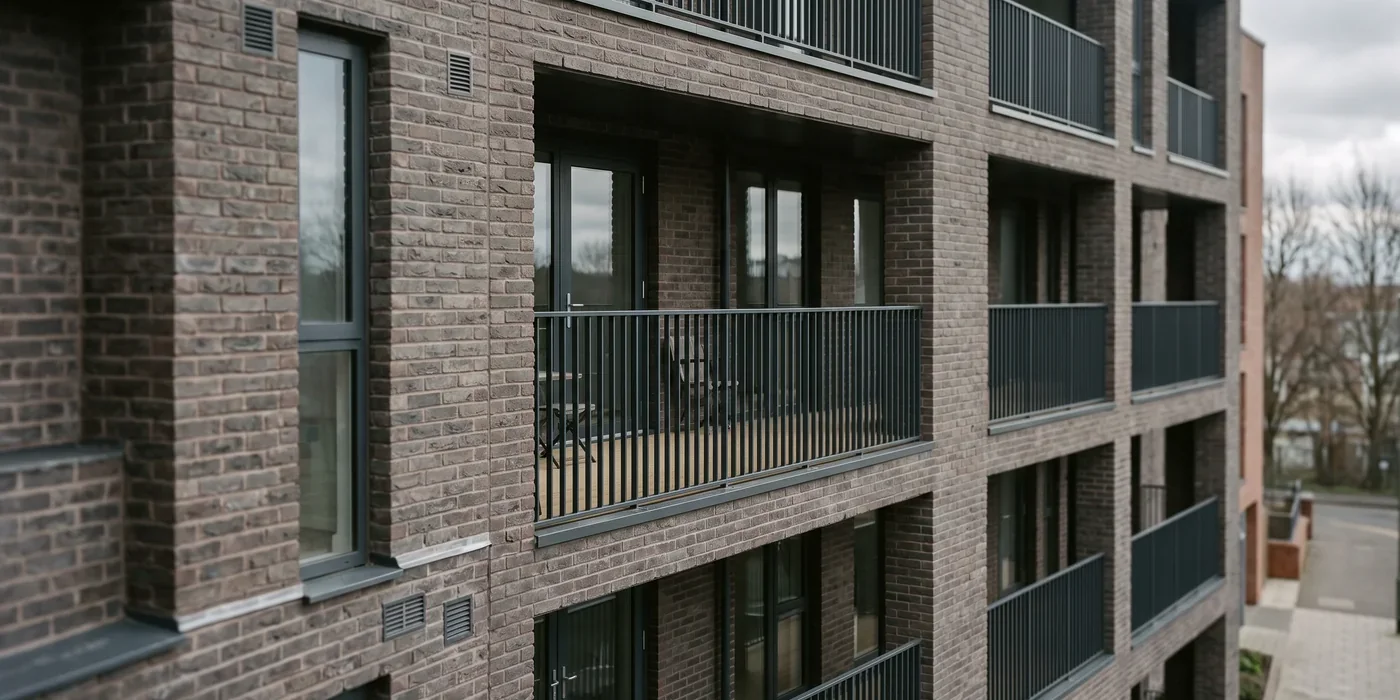 Brick and metal clad facade of a completed residential block in Manchester