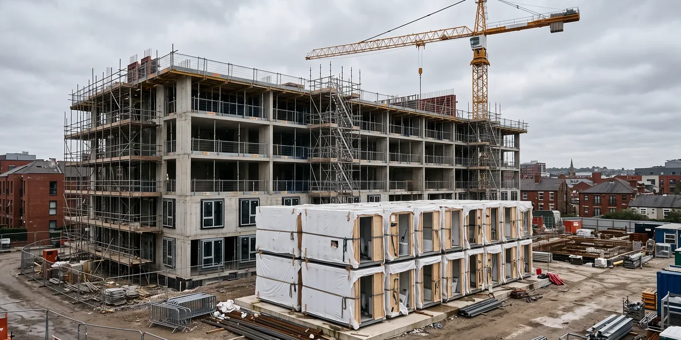 Student accommodation scheme under construction, with modular units being craned into place