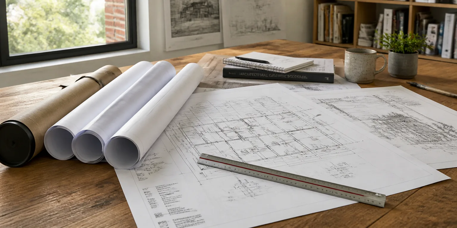 Rolled drawing tubes and an unrolled floor plan on a desk in a project office