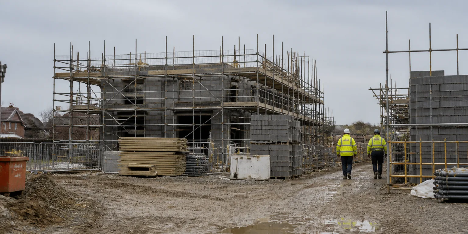 Mid-stage construction site with scaffolding and two operatives walking between material stacks