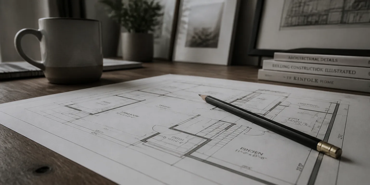 Architectural floor plans and a scale rule spread across a desk at early design stage