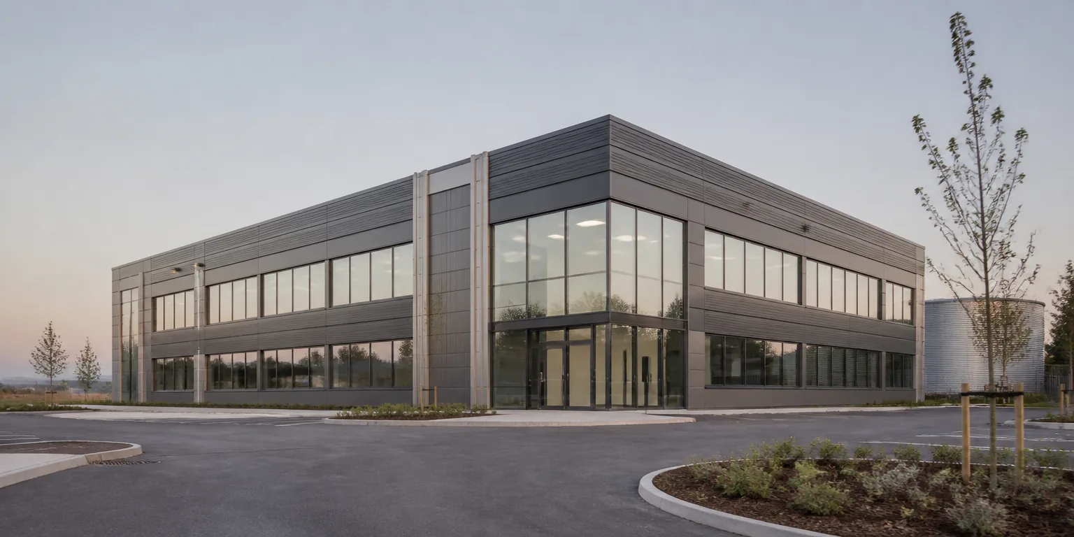 Completed commercial building at handover, with glazed frontage and finished car park