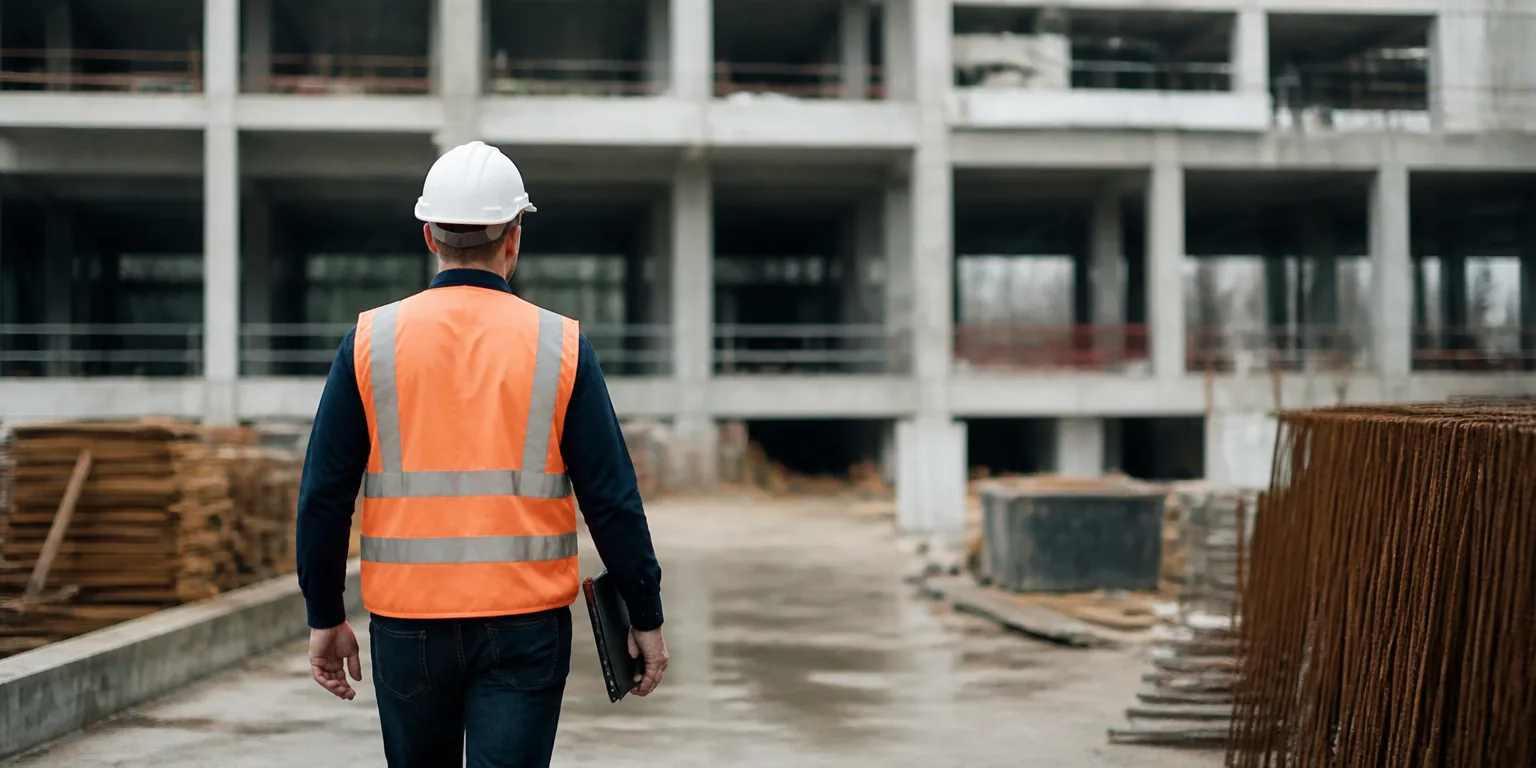 Surveyor in a hard hat and high visibility vest walking through a partly built concrete frame