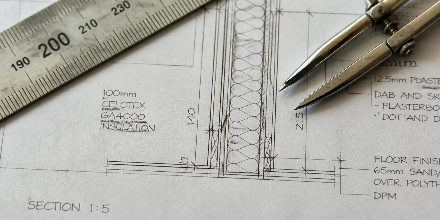 Close-up of a technical wall section drawing showing insulation, plasterboard and floor build-up
