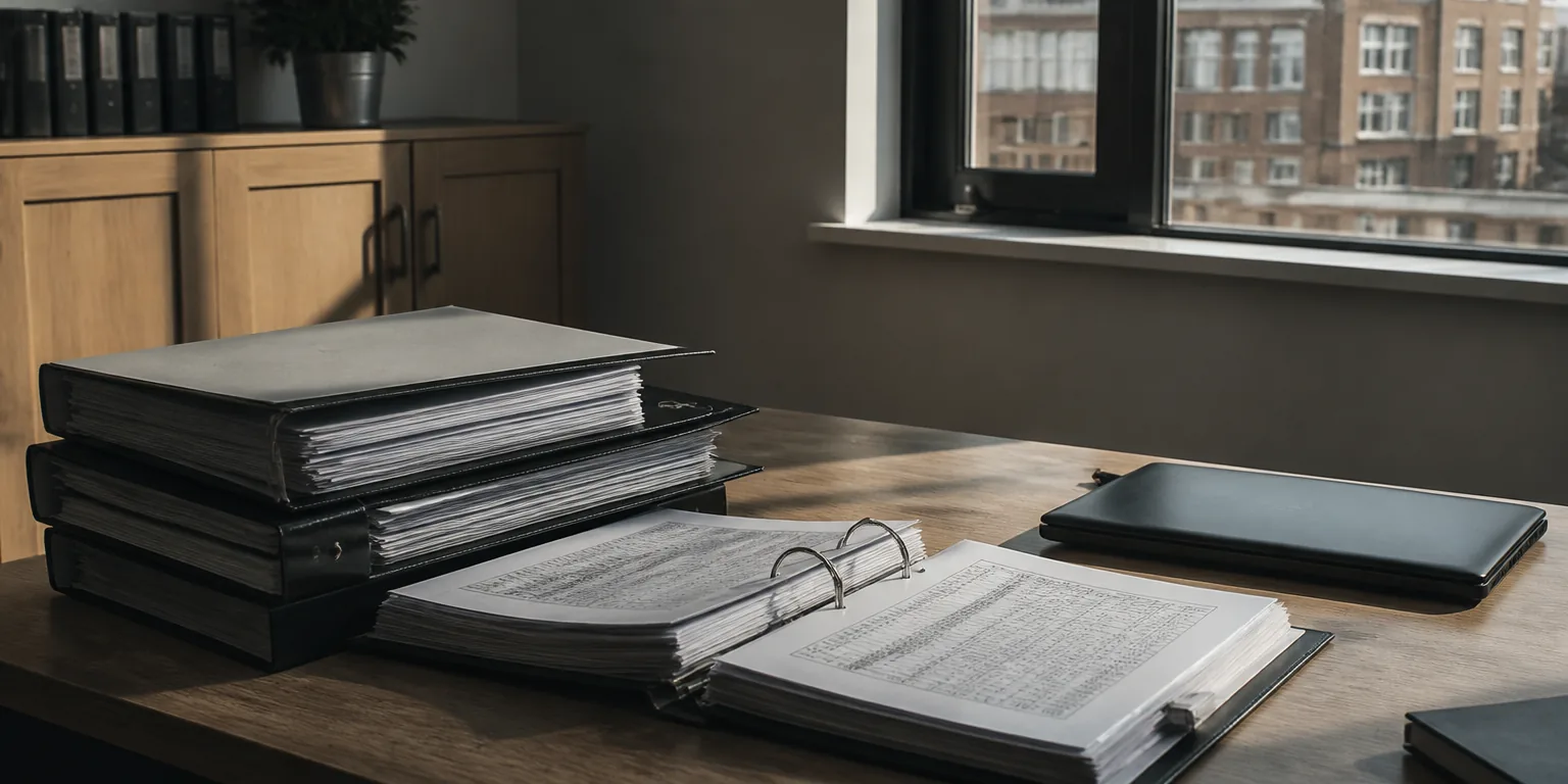 Stack of thick ring binders holding tender documentation on a meeting table