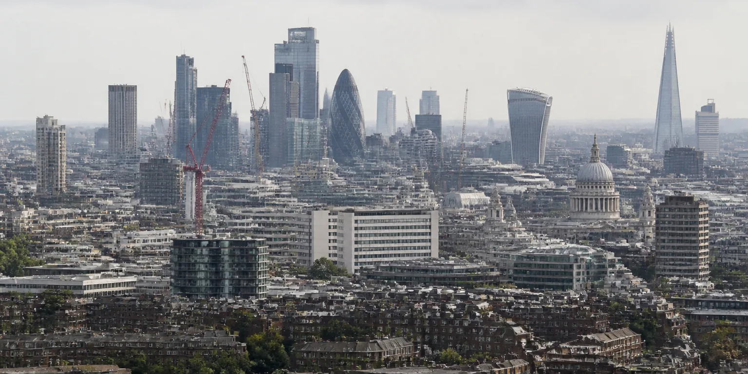 Wide view across a city skyline with towers and cranes