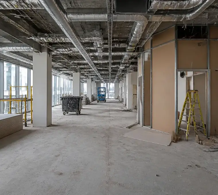 Commercial office floor at fit-out stage with exposed services and stacked plasterboard