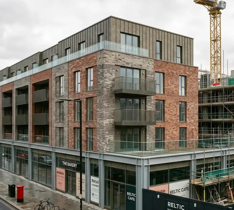 Mixed use development under construction, with retail units at ground floor and apartments above