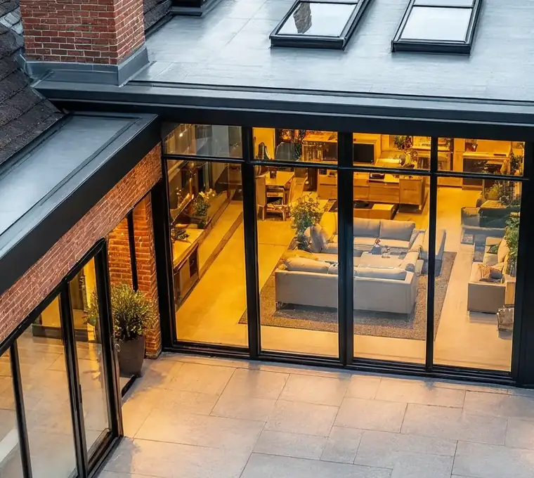 Contemporary rear extension to a period house, lit from within at dusk