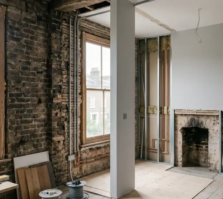 Interior of a period building stripped back to bare brick and exposed joists during refurbishment