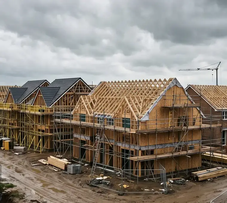 Housing development under construction with timber frames erected across the site